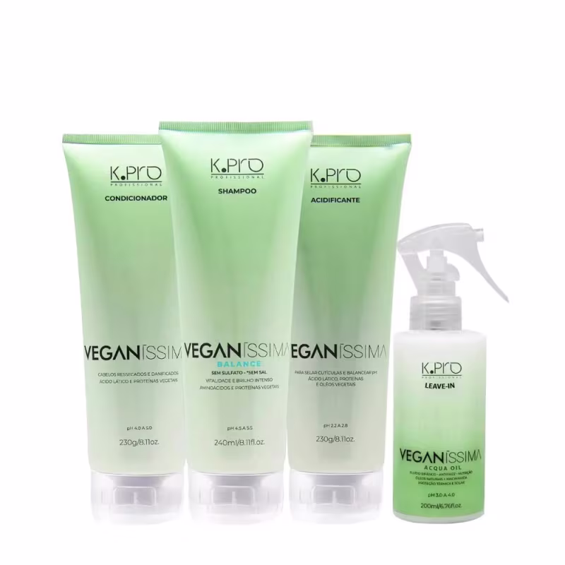 Conjunto de produtos K.Pro da linha Veganíssima, incluindo shampoo, condicionador, acidificante e leave-in, em embalagens plásticas de cores verde e branca.