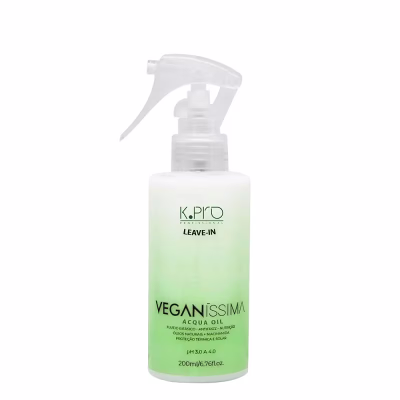 Frasco de spray branco e verde da linha Veganíssima da marca K.Pro, contendo 200ml de óleo capilar leave-in com pH entre 3.0 e 4.0, indicado para proteção térmica e solar.