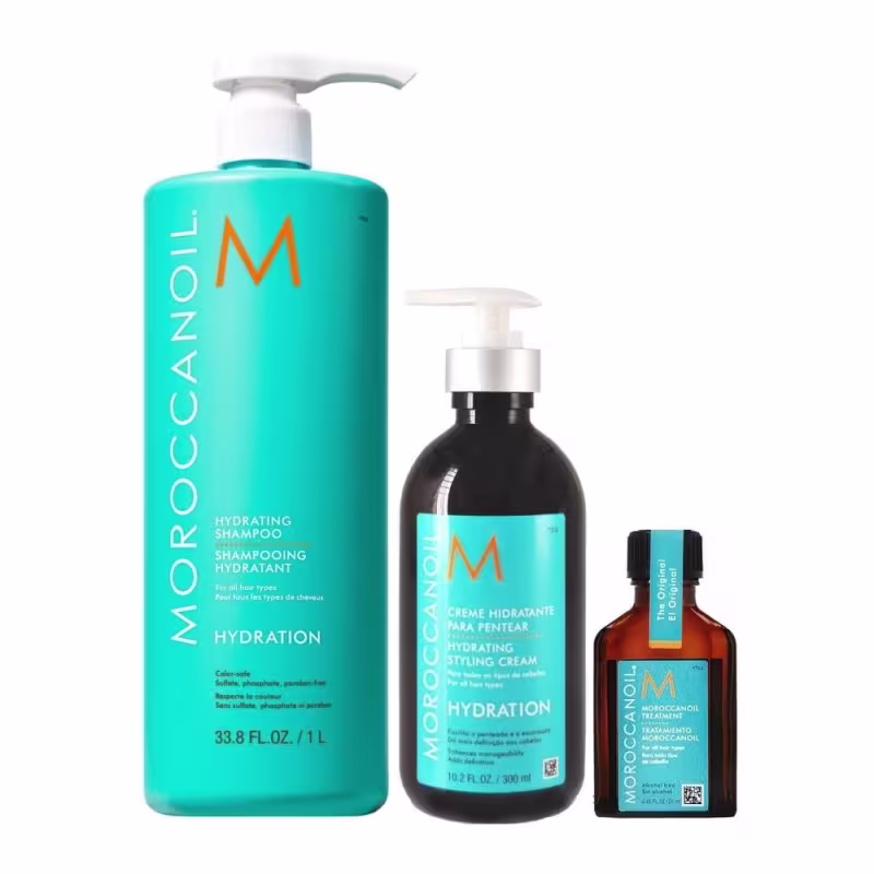 Kit Moroccanoil Hydrating - Shampoo 1L + Styling Cream 300ml + Óleo 25ml