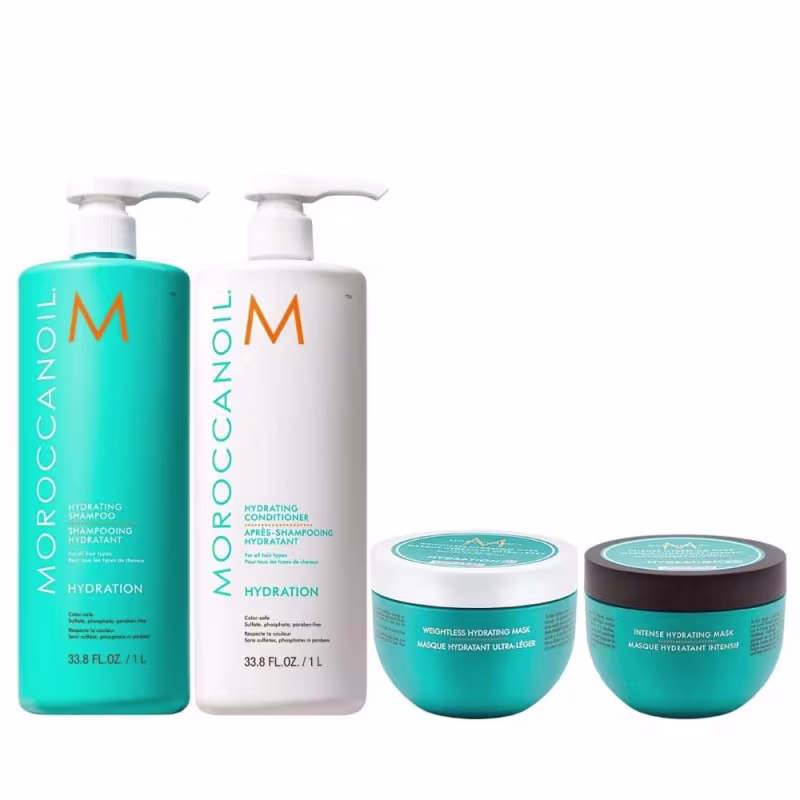 Kit Moroccanoil Hydrating - Shampoo 1L + Condicionador 1L + Máscara Weightless 250ml + Máscara Intense 250ml