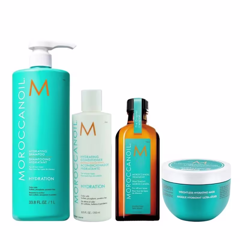 Kit Moroccanoil Hydrating - Shampoo 1L + Condicionador 250ml + Máscara Weightless 250ml + Óleo 100ml