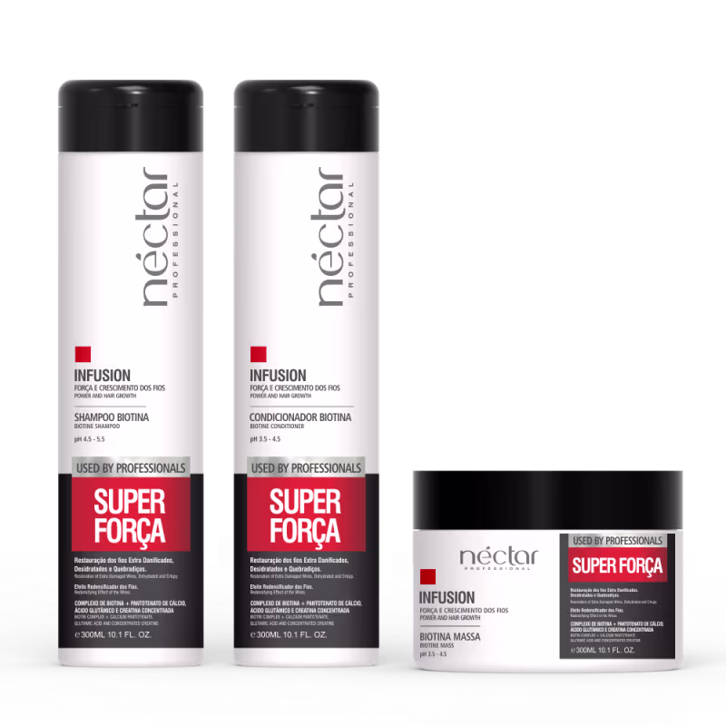 Produtos de tratamento capilar da marca Néctar do Brasil, incluindo shampoo, condicionador e máscara da linha Infusion, com embalagens em preto e branco e rótulos destacando a "Super Força" do produto.