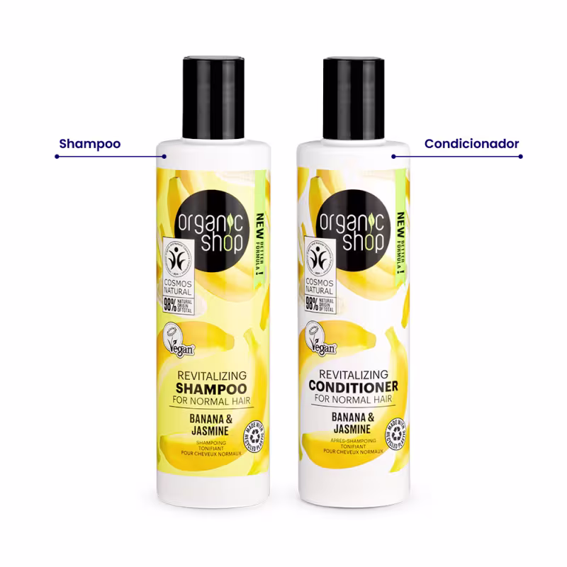 A imagem mostra o shampoo e o condicionador em embalagem plástica branca com tampa preta. Rótulo amarelo com imagens de banana.