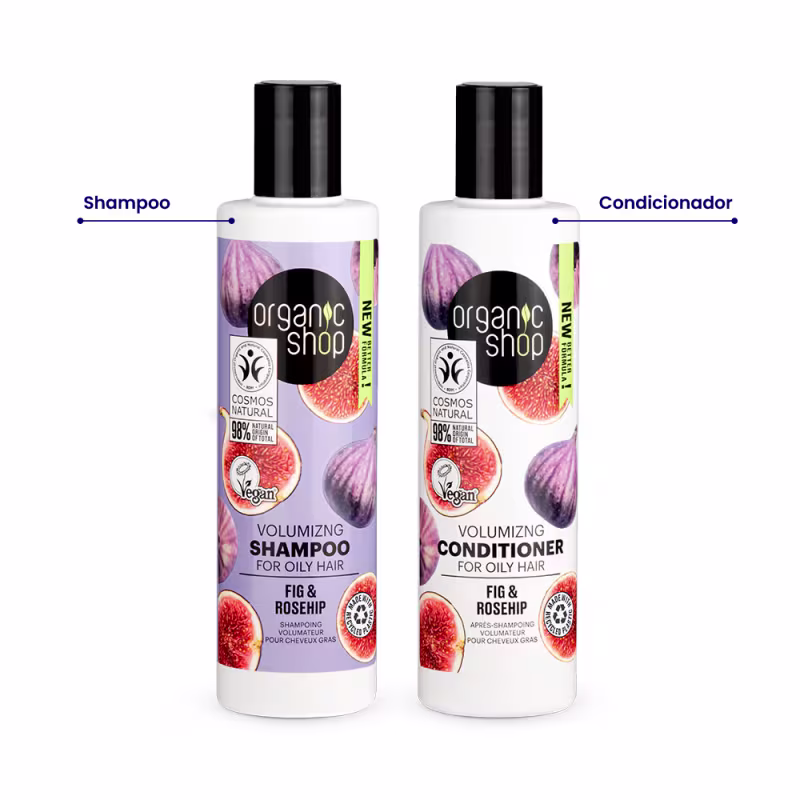 A imagem mostra o shampoo e o condicionador em embalagem plástica branca com tampa preta. Rótulo com imagens de figos.