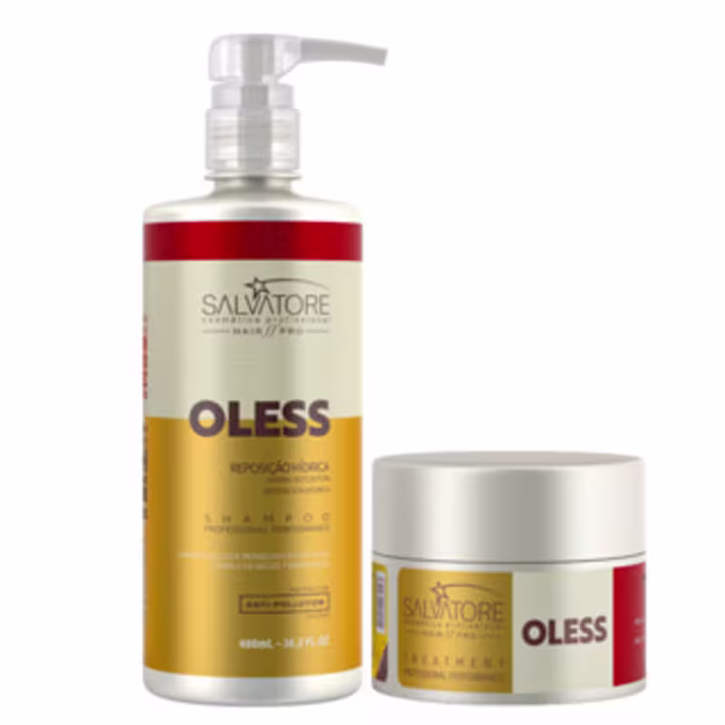 O produto de beleza Salvatore Cosméticos - Hair Pro apresenta um frasco de plástico branco com bomba doseadora e um pote de plástico branco, ambos com rótulos em vermelho, amarelo e branco.