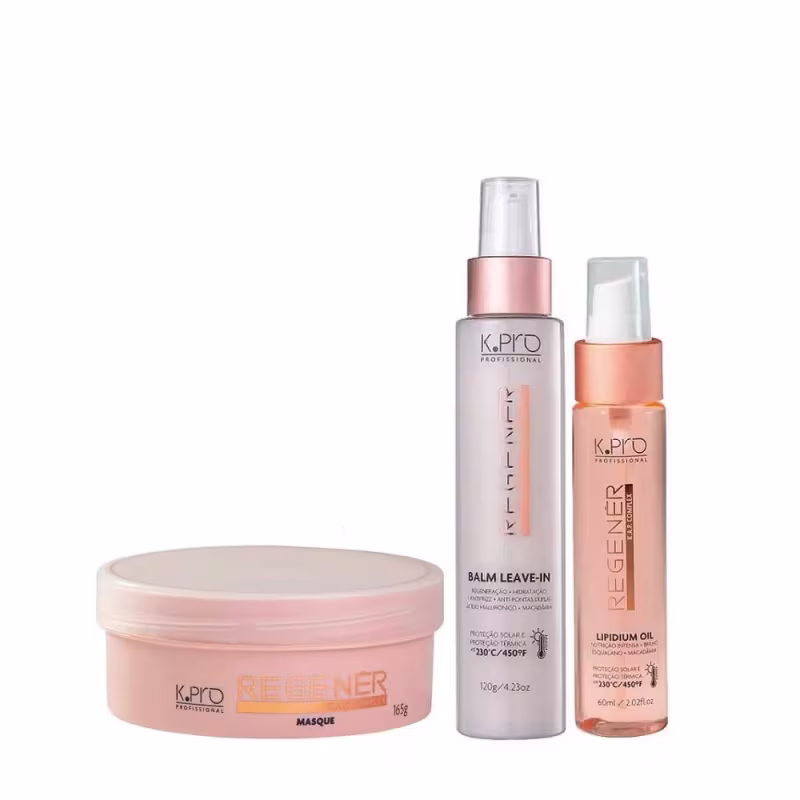 Conjunto de produtos de cuidados capilares da marca K.pro, incluindo máscara, leave-in e óleo em embalagens de plástico nas cores rosa e branco.