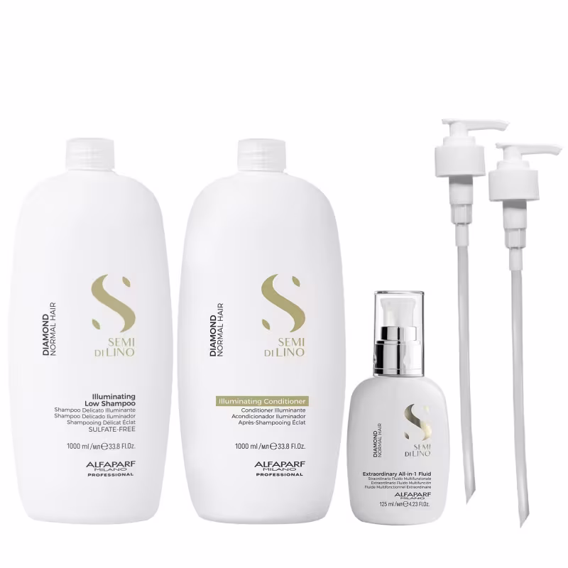 Kit Alfaparf Semi Di Lino Diamond - Shampoo 1L + Condicionador 1L + Fluído 125ml + Válvula Pump