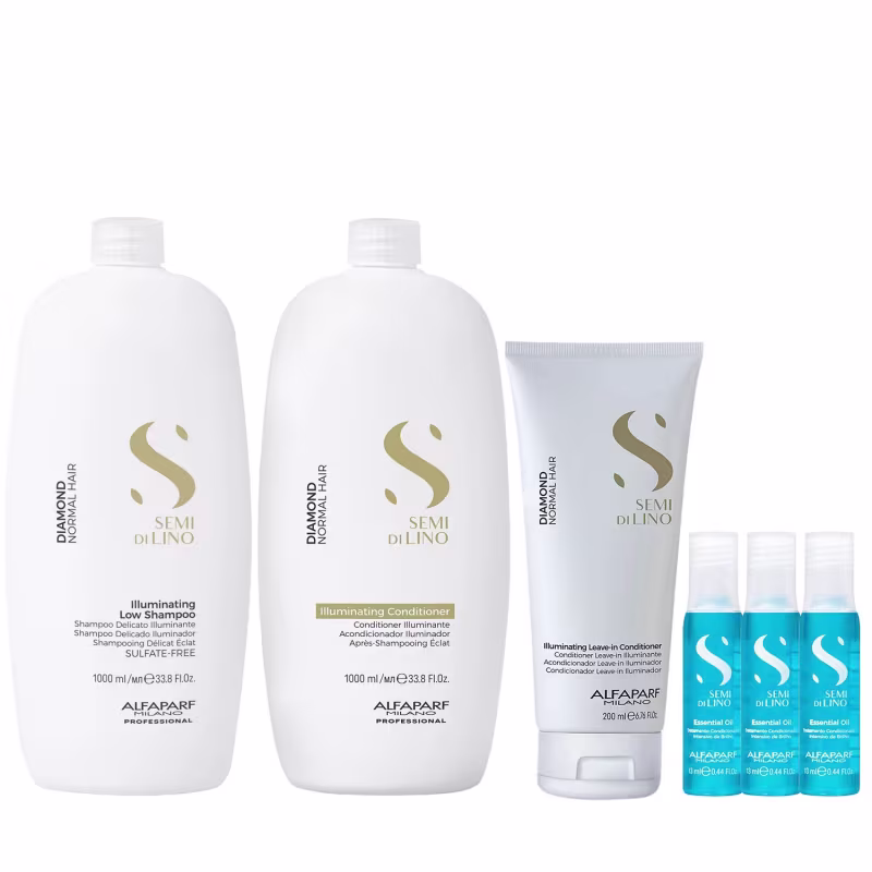 Kit Alfaparf Semi Di Lino Diamond - Shampoo 1L + Condicionador 1L + Leave in 200ml + 3x Ampola 13ml