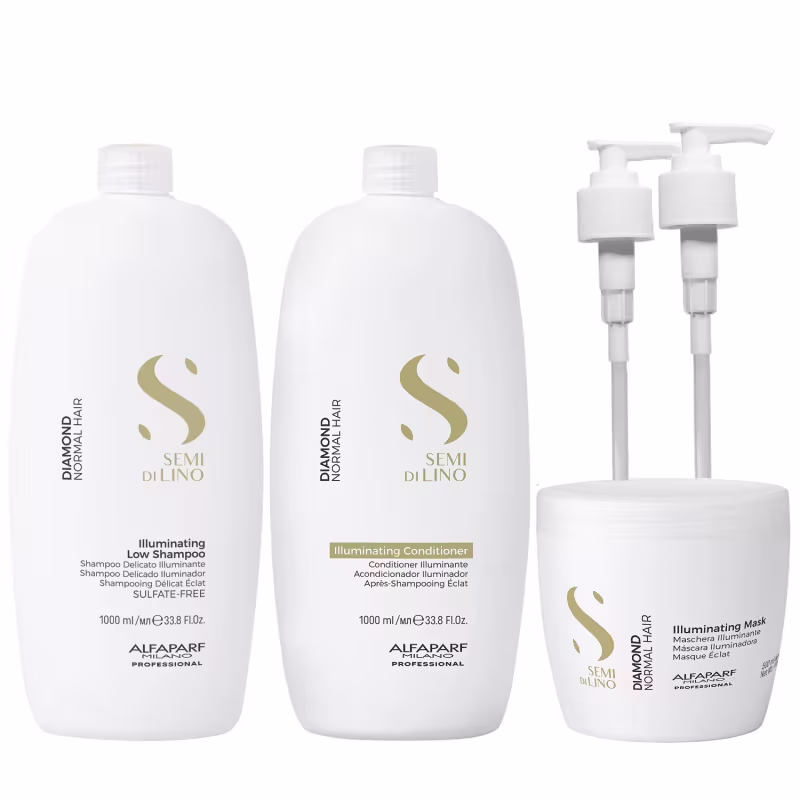 Kit Alfaparf Semi Di Lino Diamond - Shampoo 1L + Condicionador 1L + Máscara 500ml + Válvula Pump