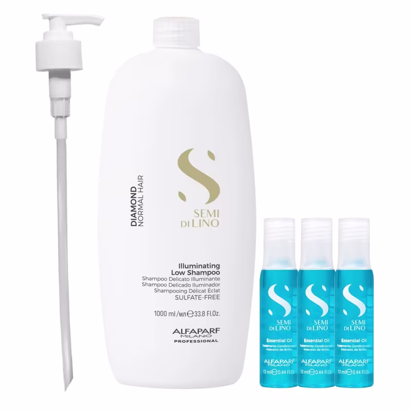 Kit Alfaparf Semi Di Lino Diamond - Shampoo 1L + 3x Ampola 13ml + Válvula Pump