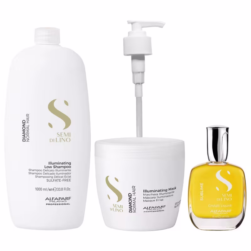 Kit Alfaparf Semi Di Lino Diamond - Shampoo 1L + Máscara 500ml + Cristalli 50ml + Válvula Pump