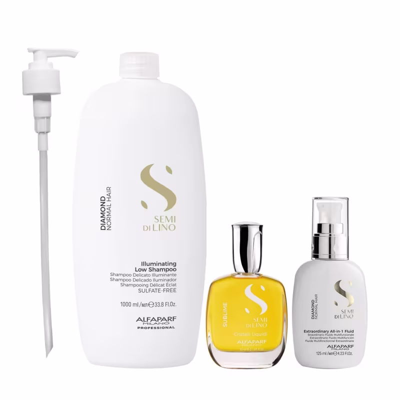 Kit Alfaparf Semi Di Lino Diamond - Shampoo 1L + Fluído 125ml + Cristalli 50ml + Válvula Pump
