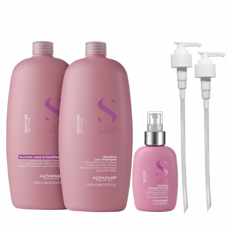 Kit Alfaparf Semi Di Lino Moisture -  Shampoo 1L + Leave in Condicionador 1L + Fluído 125ml + Válvula Pump