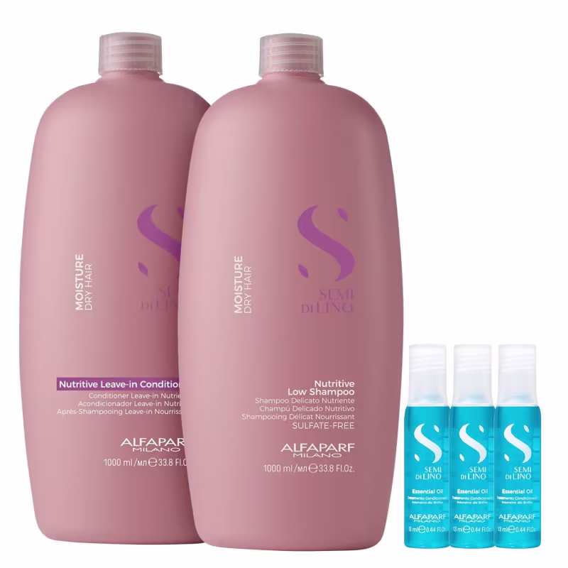 Kit Alfaparf Semi Di Lino Moisture - Shampoo 1L + Leave in Condicionador 1L + 3x Ampola 13ml