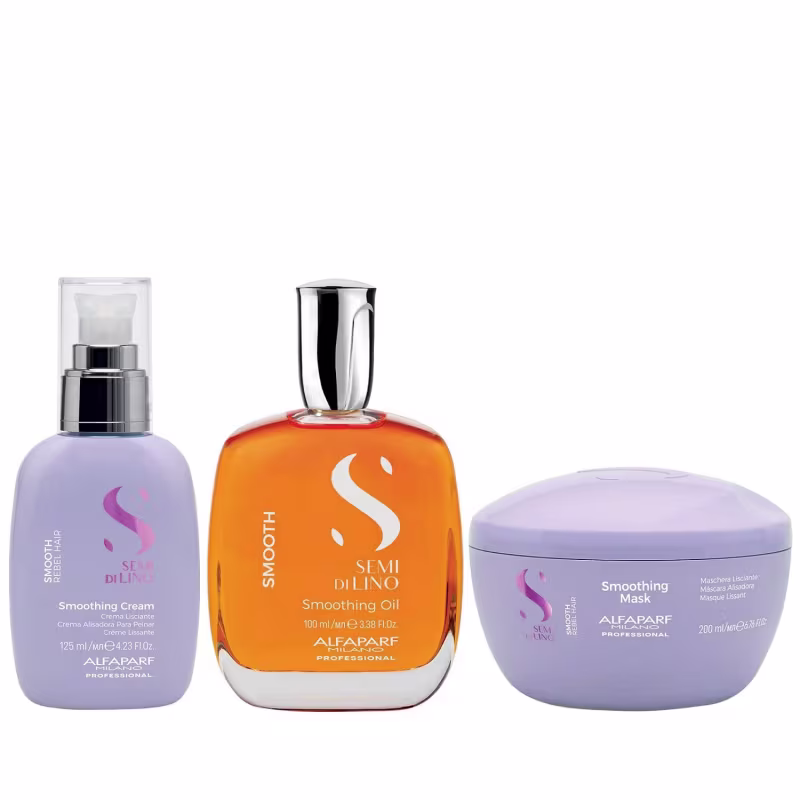 Kit Alfaparf Professional Semi Di Lino Smooth Smoothing - Máscara 200ml + Cream Leave-In 125ml + Óleo 100ml