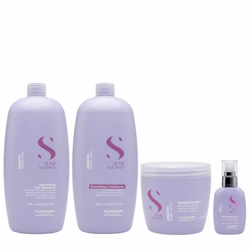 Kit Alfaparf Semi Di Lino Smooth Smoothing - Shampoo & Condicionador 1 Litro + Máscara 500ml + Cream Leave-In 125ml