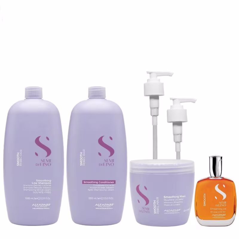 Kit Alfaparf Semi Di Lino Smooth Smoothing - Shampoo & Condicionador 1 Litro + Máscara 500ml + Óleo 100ml + Válvula Pump