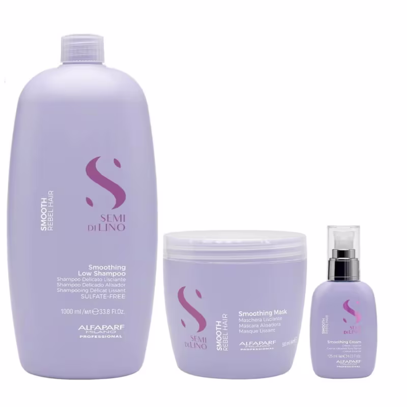 Kit Alfaparf Professional Semi Di Lino Smooth Smoothing - Shampoo 1L + Máscara 500ml + Cream Leave-In 125ml