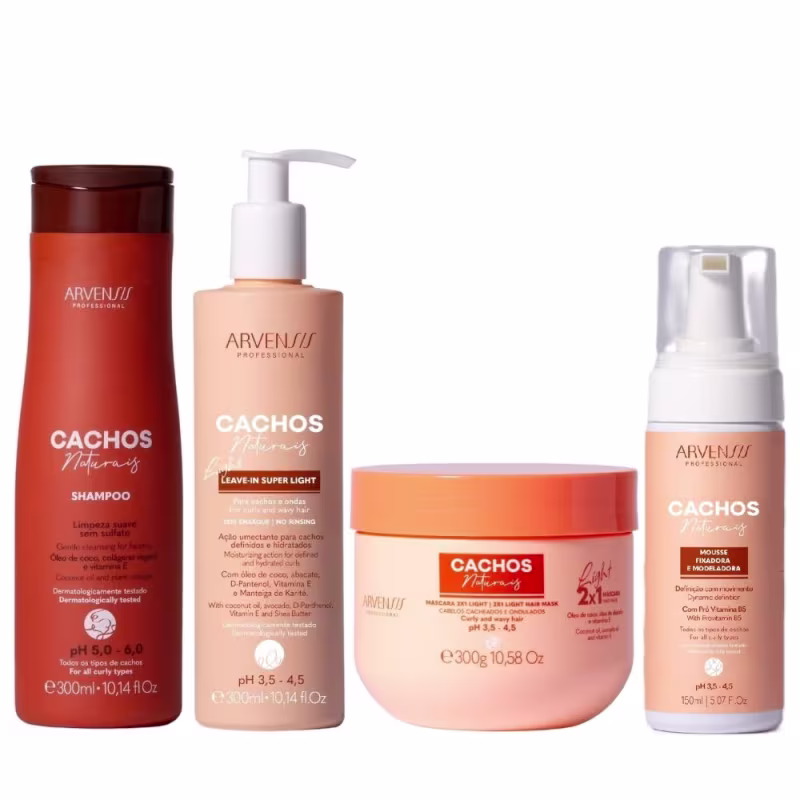 Kit Arvensis Cachos Naturais Light - Shampoo + Leave-In 300ml & Máscara 2x1 300g & Mousse 150ml
