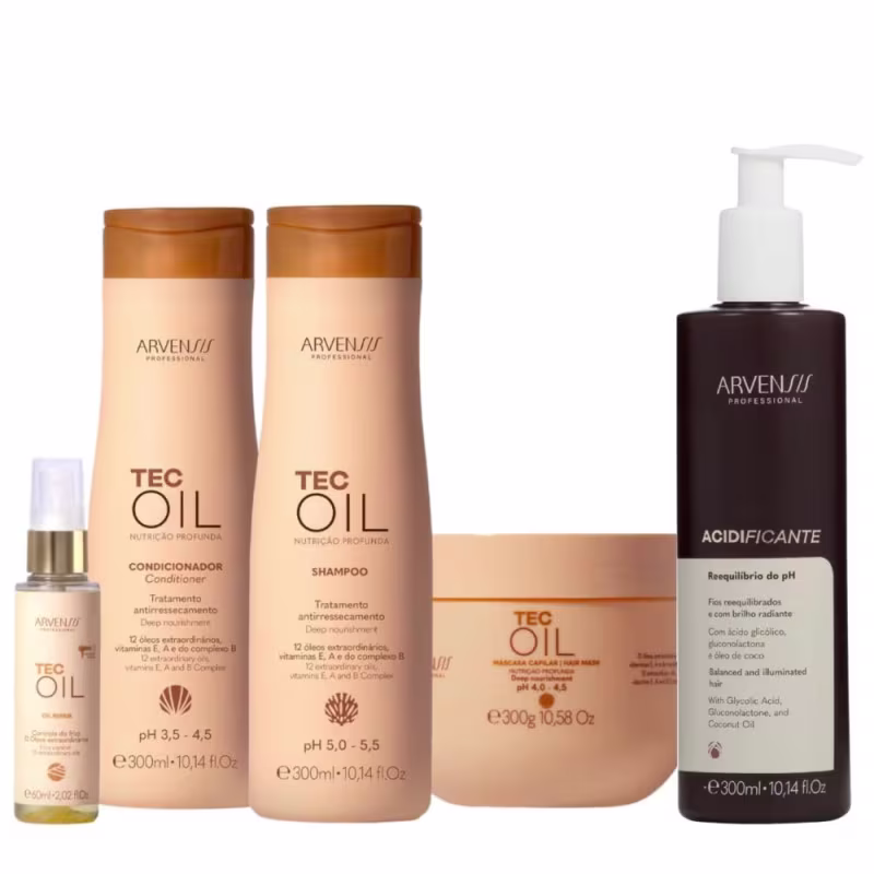 Kit Arvensis Cosméticos Naturais Tec Oil - Shampoo & Condicionador 300ml + Acidificante 300ml + Máscara 300g + Óleo 60ml