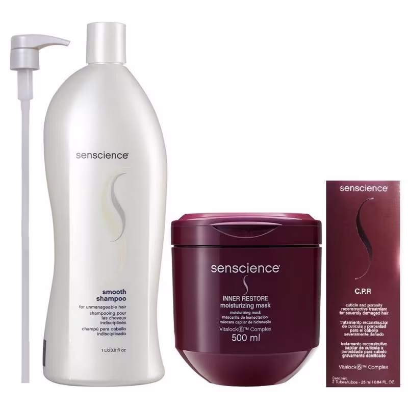 Kit Senscience Smooth - Shampoo 1 Litro + Inner Restore Moisturizing 500ml + CPR (2x25) + Válvula Pump