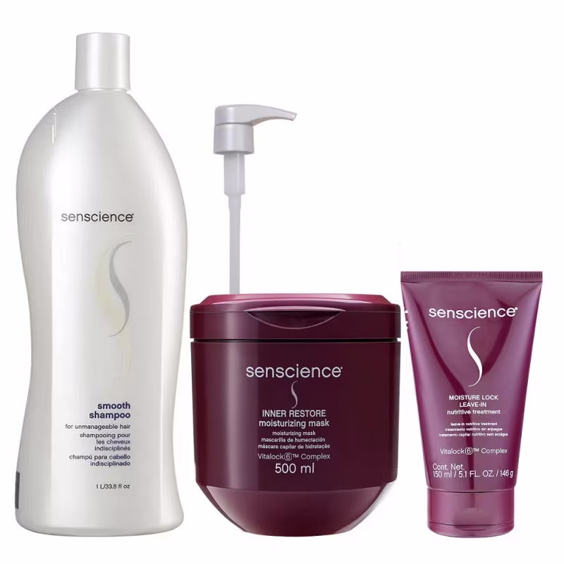 Kit Senscience Smooth - Shampoo 1Litro + Inner Restore Moisturizing 500ml + Moisture Lock Leave-In 150ml + Válvula Pump