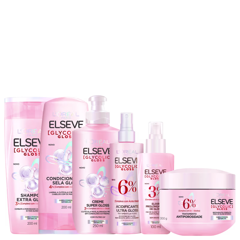 Produtos da linha Elseve Glycolic Gloss da L'Oreal, incluindo shampoo, condicionador, creme e tratamento para cabelos. Embalagens em tons de rosa e branco com rótulos destacando os benefícios do ácido glicólico.