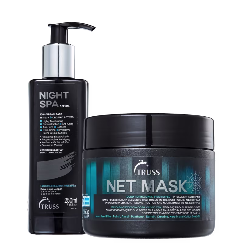 Kit com sérum de tratamento e máscara capilar. O frasco da esquerda é uma embalagem cilíndrica prateada com uma bomba dosadora preta. O segundo produto vem em uma embalagem preta e grande.