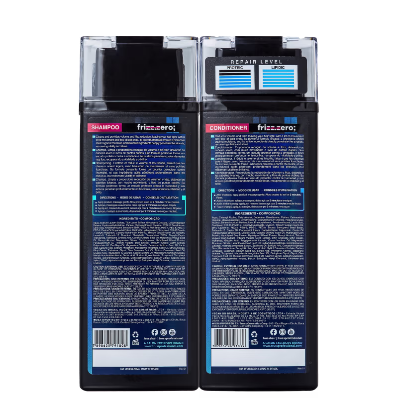 A imagem mostra a parte de trás do frasco do shampoo e do condicionador. Os rótulos são pretos e têm detalhes em azul e vermelho. Ambos exibem descrições detalhadas dos produtos em português.