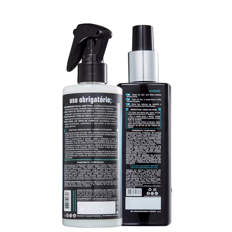 A imagem mostra o verso dos dois produtos da marca Truss. No rótulo deles contém todas as informações obrigatórias sobre o produto, como ingredientes, modo de uso e avisos.