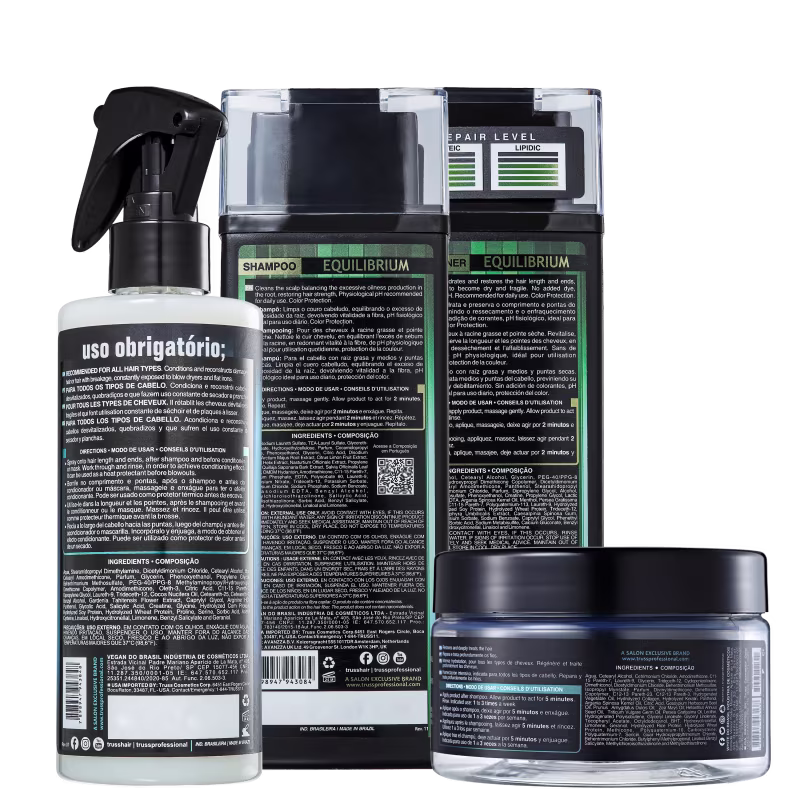 A imagem mostra o verso das embalagens de um shampoo, um condicionador, uma máscara capilar e um tratamento capilar.  
Todos os produtos possuem rótulos detalhados em português com descrições dos ingredientes e modo de uso.