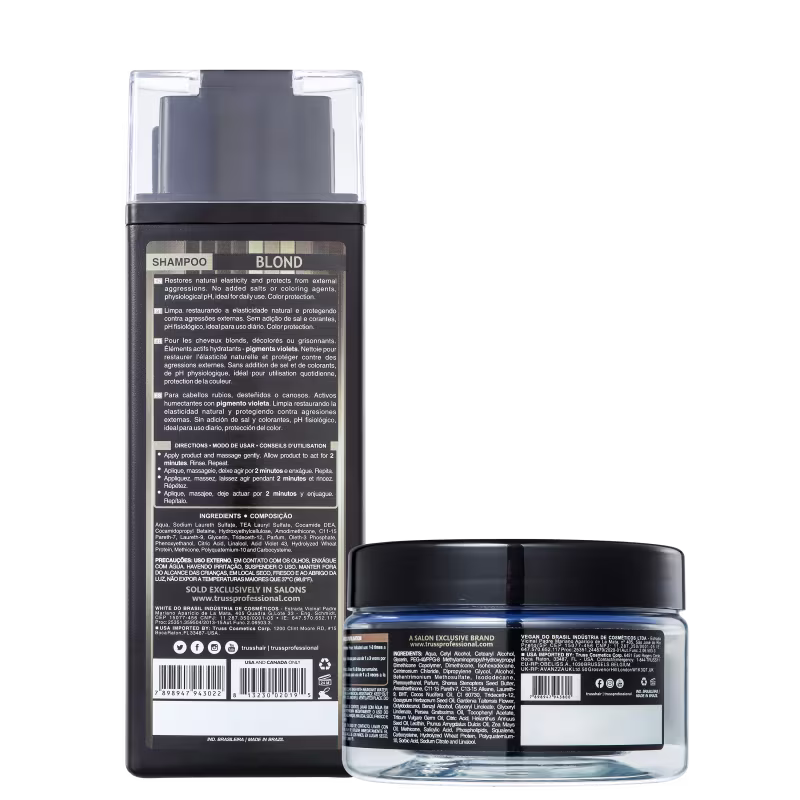 A imagem mostra o verso do frasco do shampoo e da máscara capilar. Ambos os rótulos trazem informações detalhadas sobre as fórmulas, modo de uso e composição.