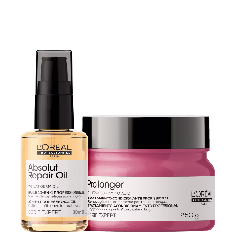 A imagem mostra um óleo capilar e uma máscara capilar. O óleo possui um frasco transparente de 30ml com aplicador spray e o líquido dourado. Já a máscara capilar vem em um pote de 250g rosa com a tampa preta.