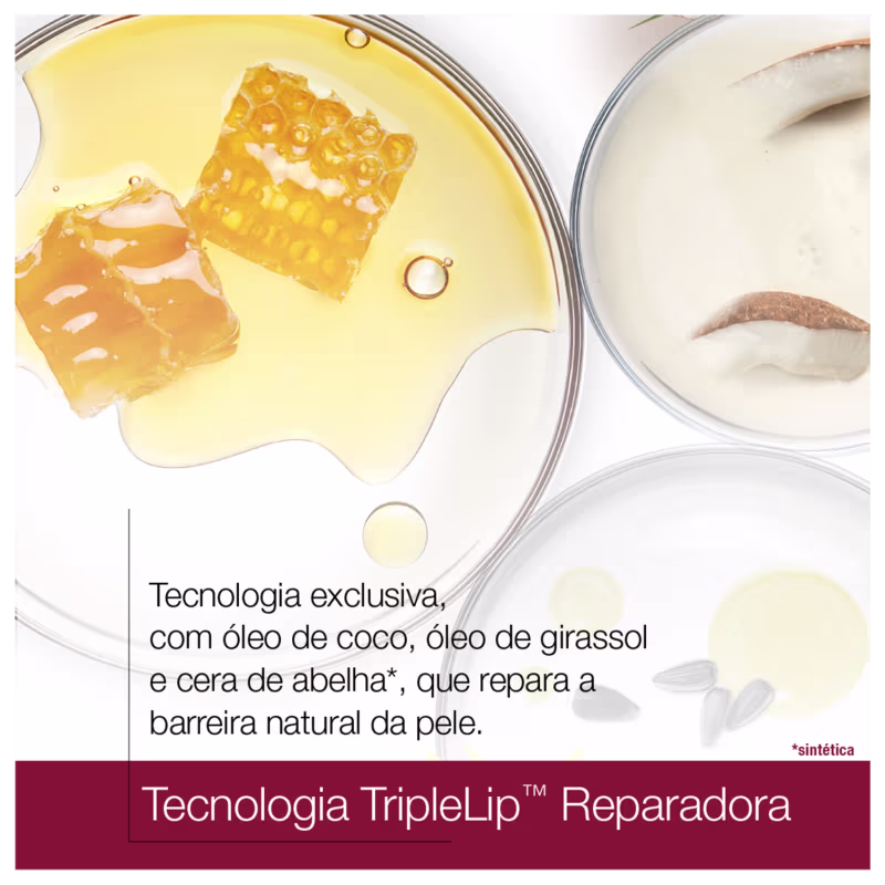 A imagem mostra um folheto de fundo branco com detalhes vermelho, uma imagem de favo de mel ao fundo e informações das tecnologias presentes em um dos produtos.