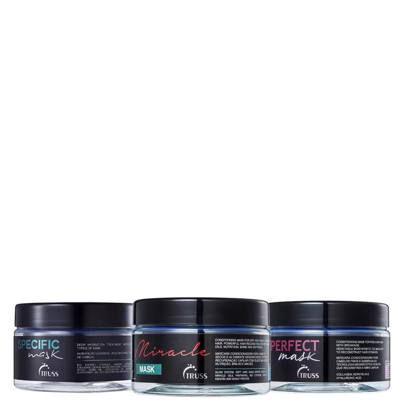 A imagem mostra três potes de máscaras de tratamento capilar da marca TRUSS, com rótulos que seguem o mesmo padrão. Cor preta, nome do produto em destaque, logo da marca mais abaixo e informações de composição do produto ao lado, com letras na cor branca.