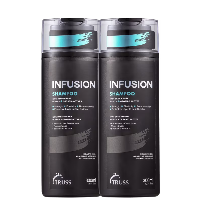 A imagem mostra um kit com 2 embalagens de produtos da marca TRUSS. São dois frascos grandes de shampoo, compridos, com fundo preto, nome da linha e tipo de produto acima, em destaque. No rodapé, a logo da marca.