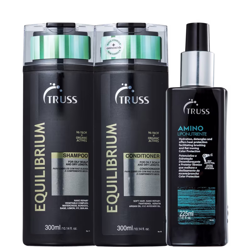 A imagem mostra três produtos da marca TRUSS, com dois frascos pretos de shampoo e condicionador da linha Equilibrium, todo preto com o nome da linha em amarelo claro e do lado direito, um frasco de spray preto com detalhes em azul.