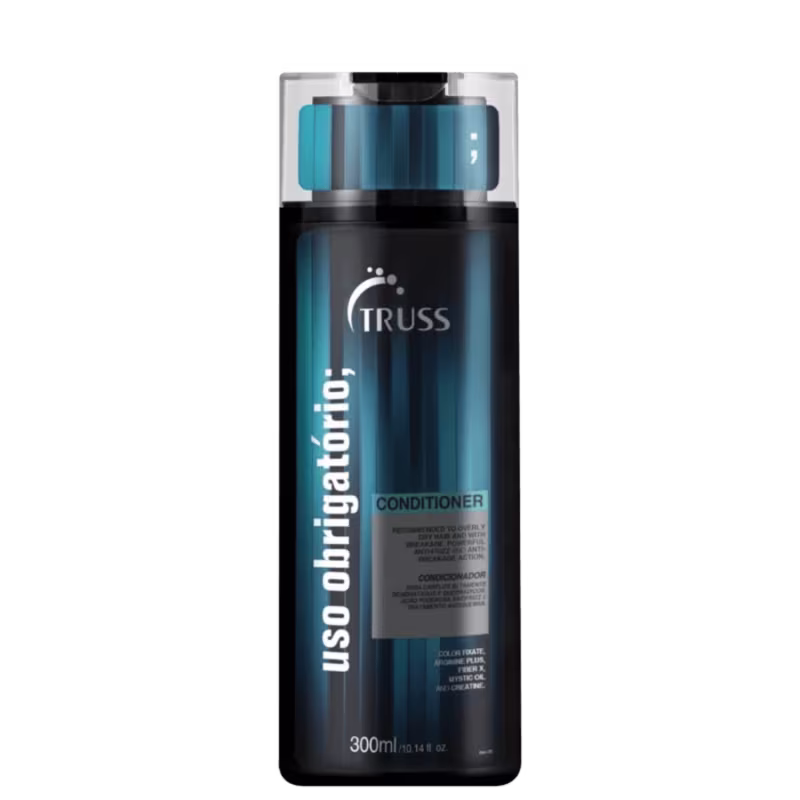 A imagem mostra um condicionador para cabelos da marca Truss. O frasco tem um design escuro e possui detalhes em cor azul turquesa. O rótulo indica que se trata do "Uso Obrigatório" com 300ml de capacidade.