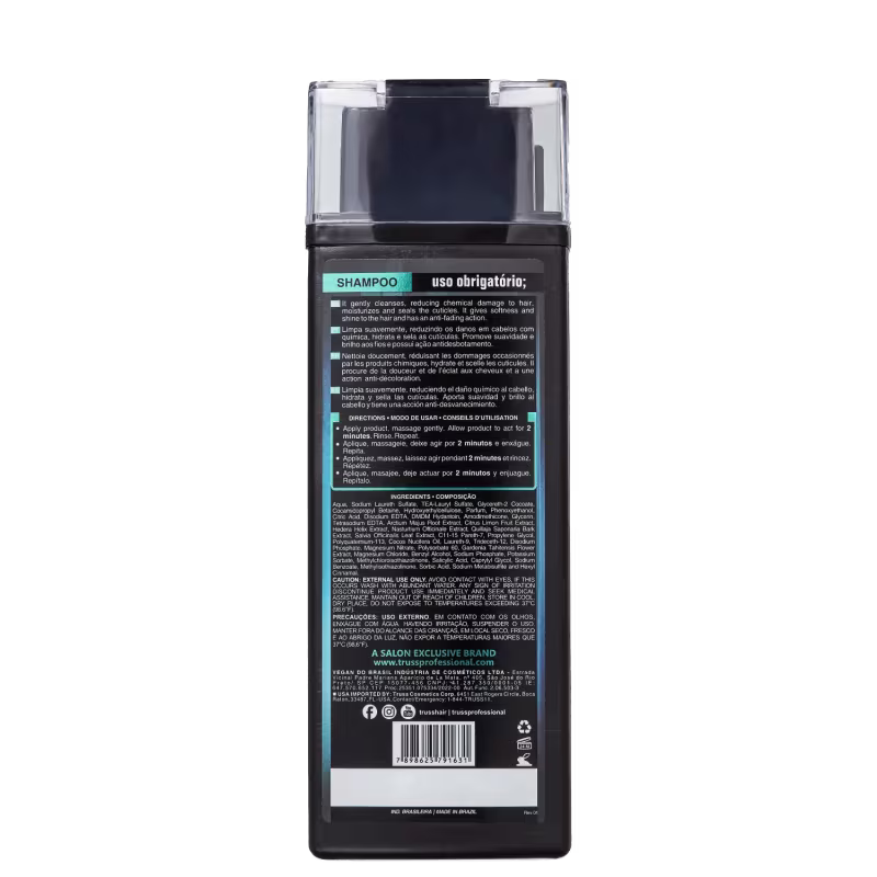 A imagem mostra um frasco de shampoo da marca Truss. O rótulo em português fornece informações sobre o produto, modo de uso, lista de ingredientes e avisos de precaução.