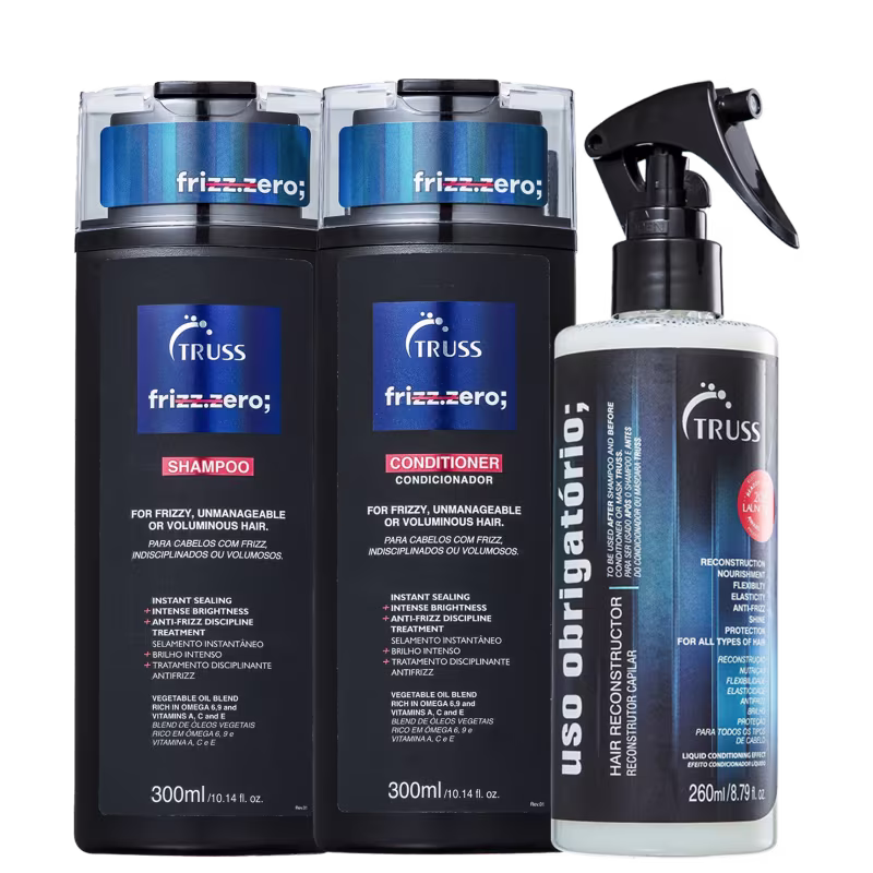A imagem mostra uma linha de produtos para cabelos volumosos ou frizados da marca Truss, chamada "Frizz Zero". Além disso, o kit acompanha outro produto, "Uso Obrigatório", da mesma marca.
