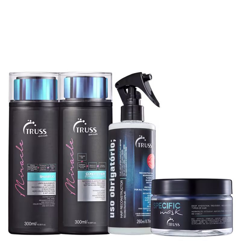 A imagem mostra uma variedade de produtos para cabelos da marca Truss. Há dois frascos pretos contendo shampoo e condicionador da linha "Miracle". Também há um reconstrutor capilar, "Uso Obrigatório". E por fim, uma máscara de tratamento "Specific".