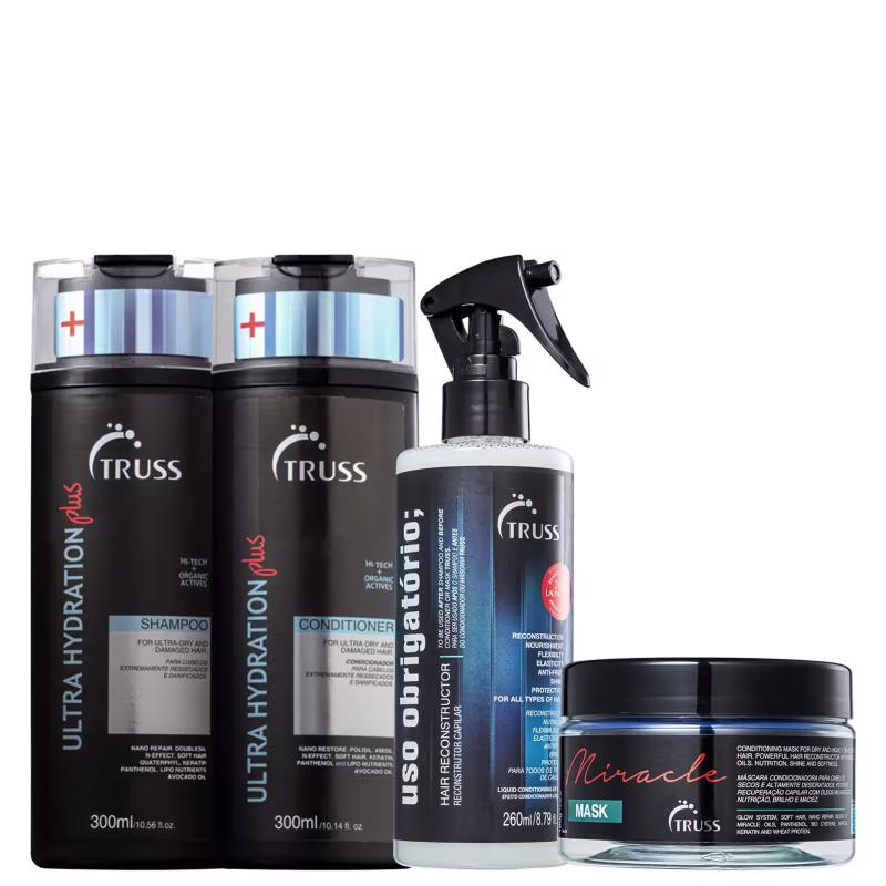 A imagem mostra produtos capilares da marca Truss. Há dois frascos pretos de shampoo e condicionador da linha "Ultra Hydration Plus". Também há um reconstrutor capilar, o "Uso Obrigatório" e uma máscara capilar da linha "Miracle".