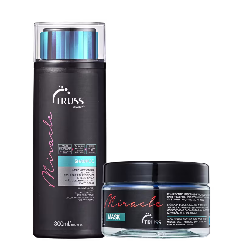 A imagem mostra dois produtos da marca de cosméticos Truss para cuidados capilares. O primeiro é um shampoo da linha "Miracle" que vem em uma embalagem preta com detalhes rosa. O outro produto é uma máscara de tratamento da mesma linha.