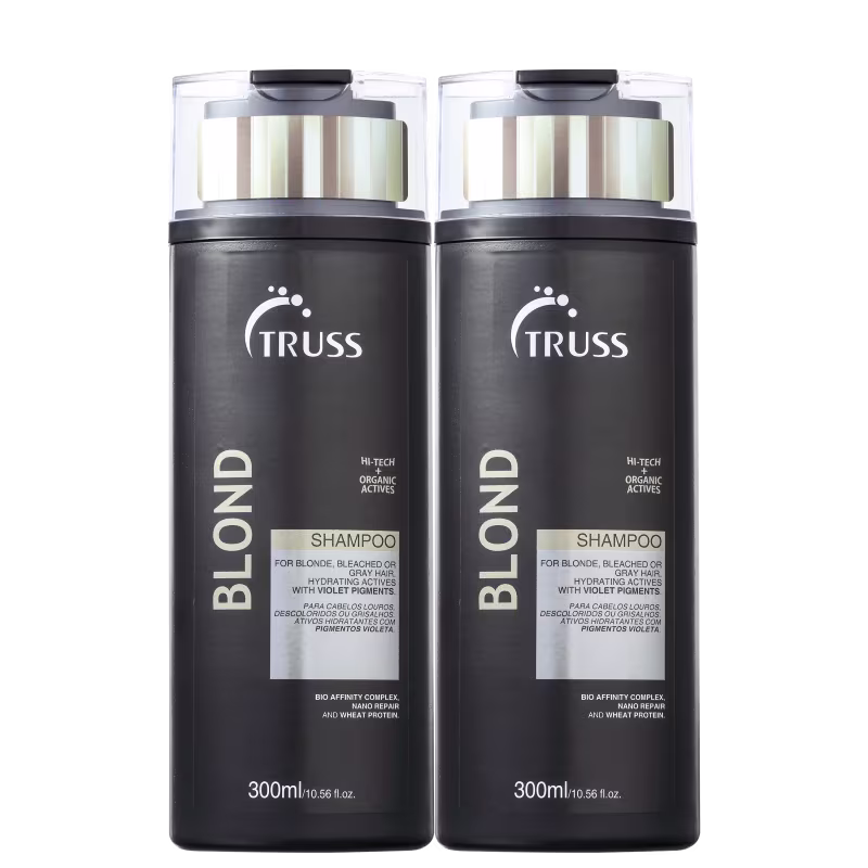 A imagem mostra dois frascos de Shampoo Blond da marca Truss para cabelos loiros, descoloridos ou grisalhos. Os frascos são pretos e têm detalhes em branco e dourado.