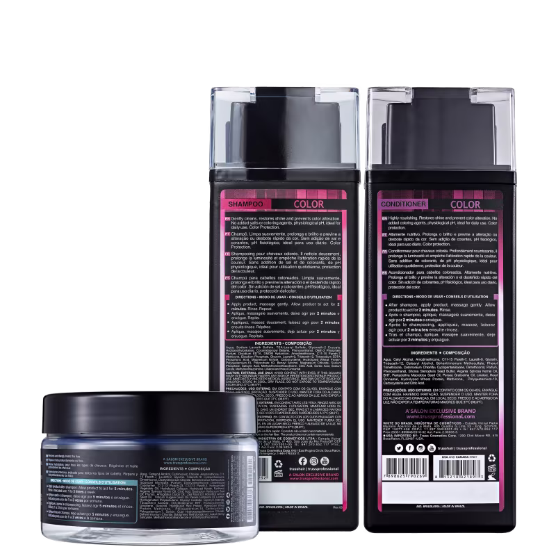 A imagem mostra dois produtos de cuidados capilares para cabelos coloridos, da linha Color de Truss. Um é um shampoo e o outro é um condicionador. Além disso, há a máscara capilar "Specific". As embalagens trazem informações sobre instruções de uso.