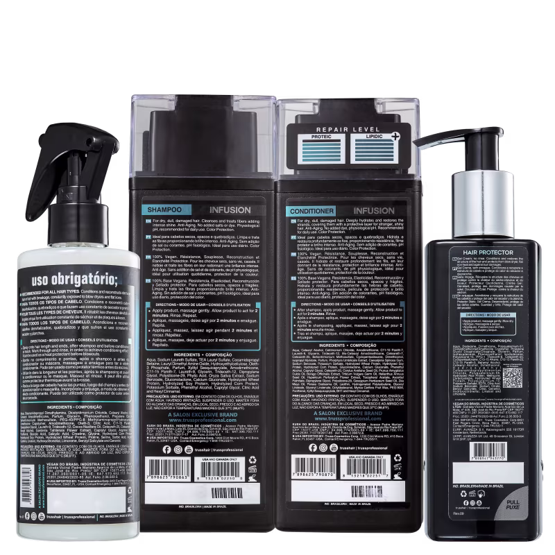 A imagem mostra uma linha de produtos para tratamento capilar profissional. Os produtos têm rótulos em preto e detalhes em azul claro. As embalagens exibem informações sobre os ingredientes, modo de usar e benefícios de cada um.