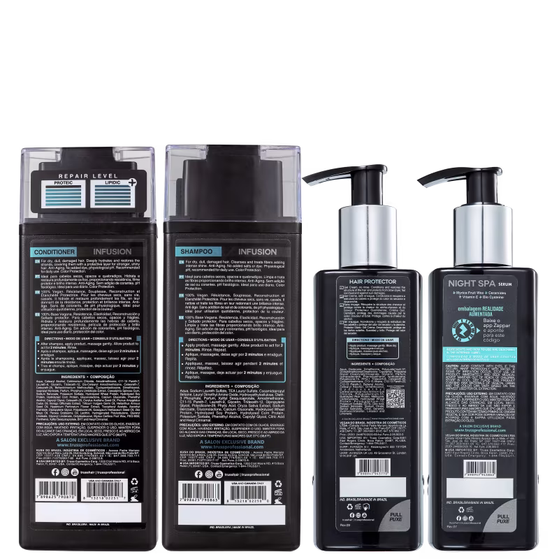 A imagem mostra uma variedade de produtos para cuidados com os cabelos da marca Truss. Todos possuem rótulos pretos e detalhes em azul claro. As embalagens trazem informações completas sobre composição, instruções de uso e advertências.