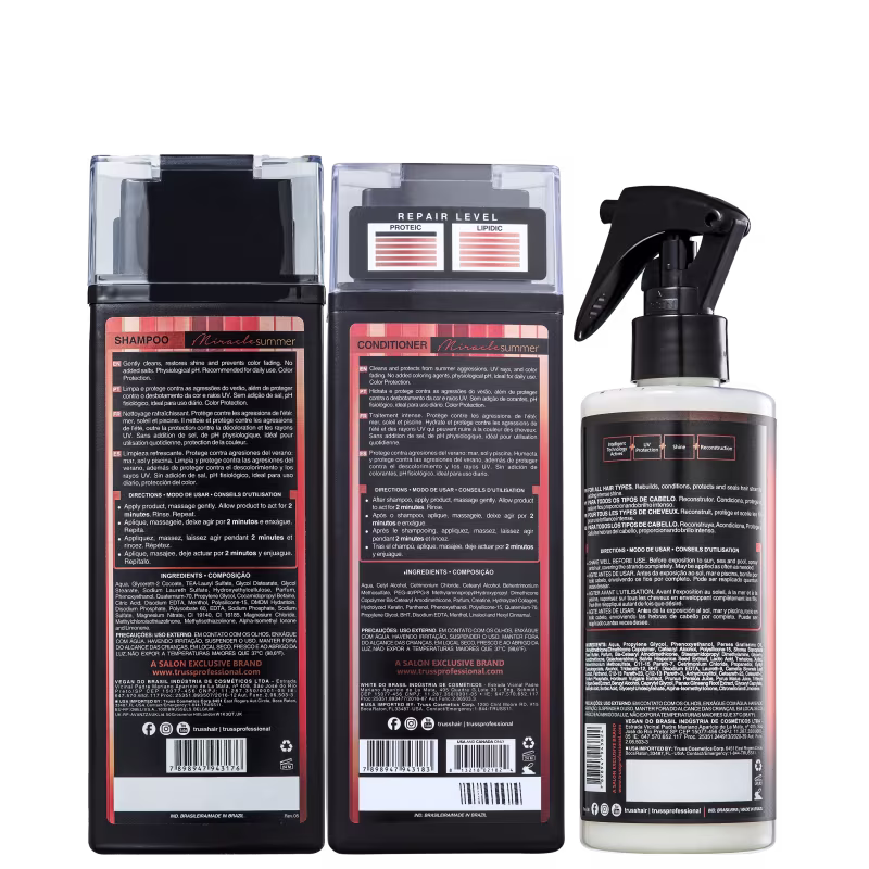 A imagem mostra três produtos da linha Summer, da marca Truss. São embalagens com rótulos detalhados contendo informações como ingredientes, instruções de uso, propriedades e benefícios dos produtos.