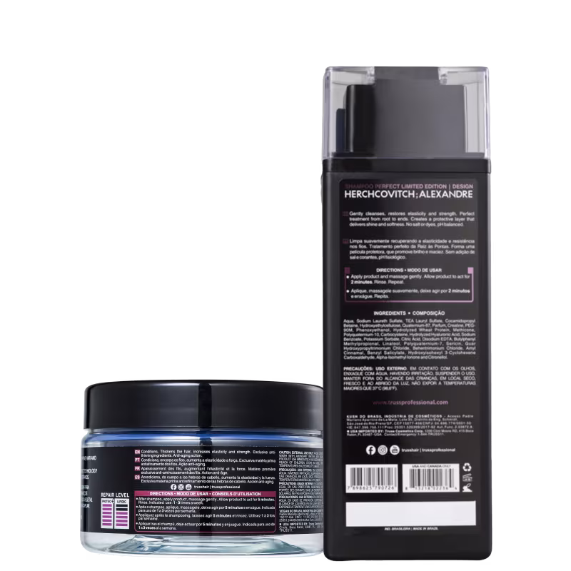 A imagem mostra dois produtos de cuidados capilares da marca Truss. Ambos possuem rótulos pretos e detalhes em branco. As embalagens trazem informações completas sobre composição, instruções de uso e advertências.