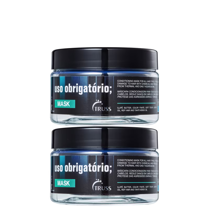 Duas máscaras capilares da linha Uso Obrigatório, da marca Truss. São embalagens circulares, com cores pretas e tonalidades de azul escuro.
